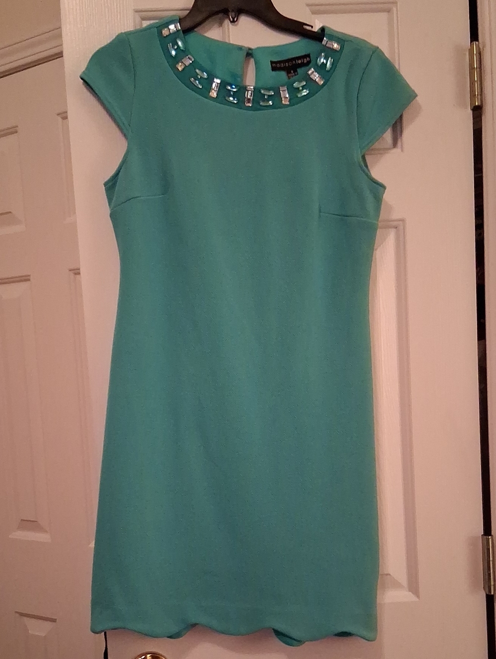 madison leigh Aqua Sheath Dress with Jeweled Neckline